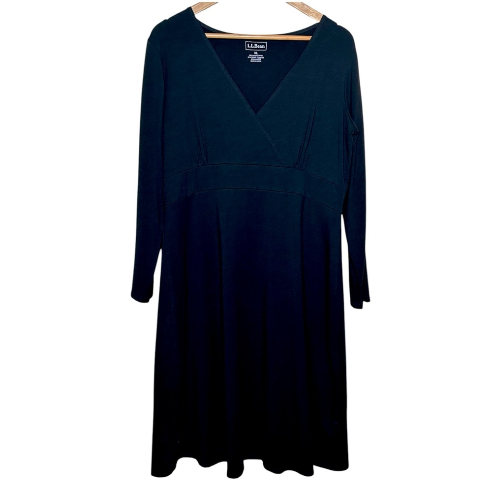 🩷 LL Bean Maxi Dress Womens XL Regular Black Round Neck Longsleeve A-Line